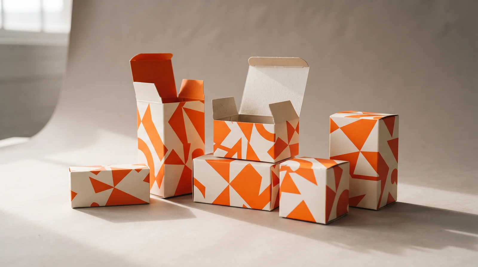 Printed folding cartons in orange on off-white board, one open to show the cut