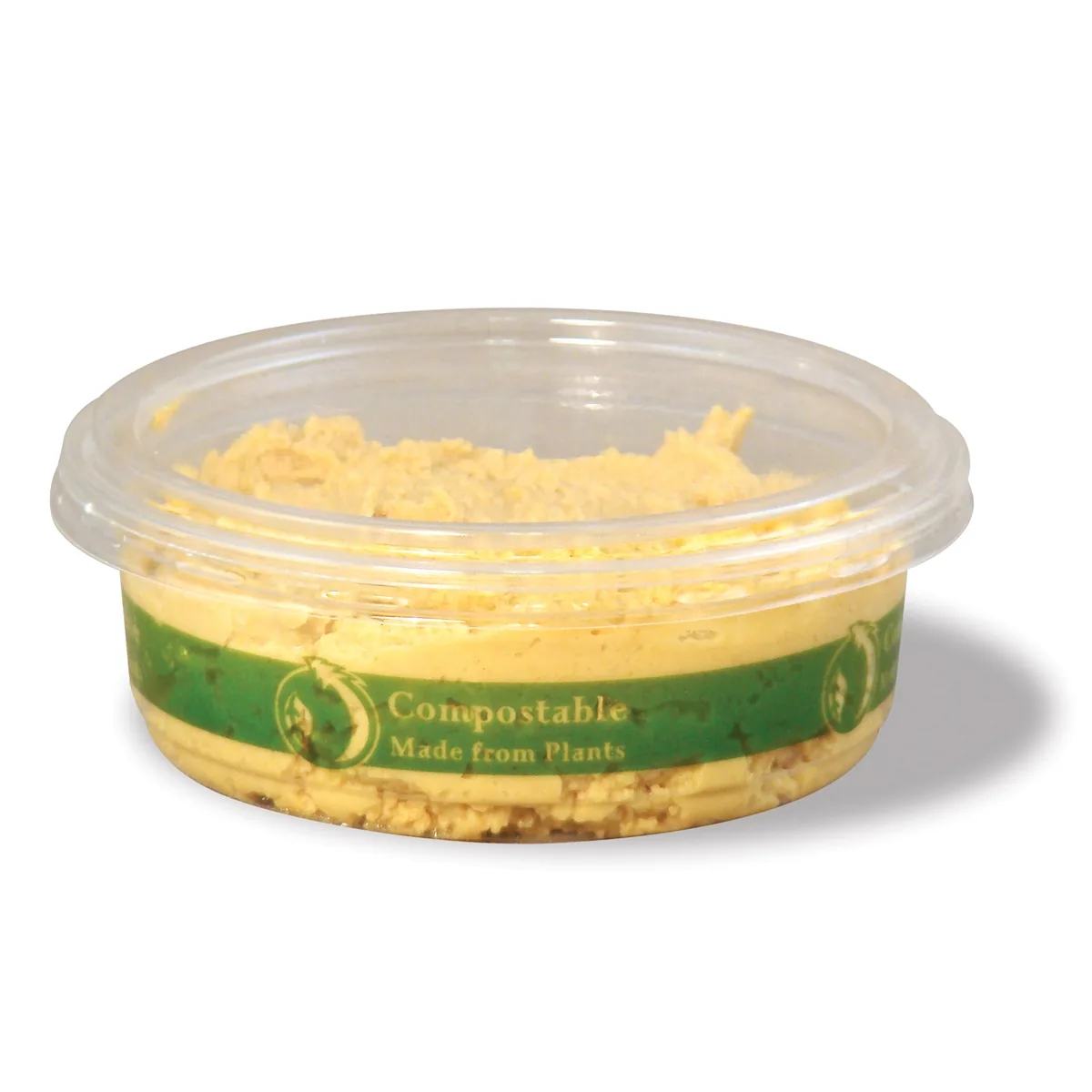 A compostable deli container of hummus